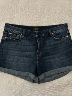 7 For All Mankind Dark Blue Rolled-Hem Jean Shorts